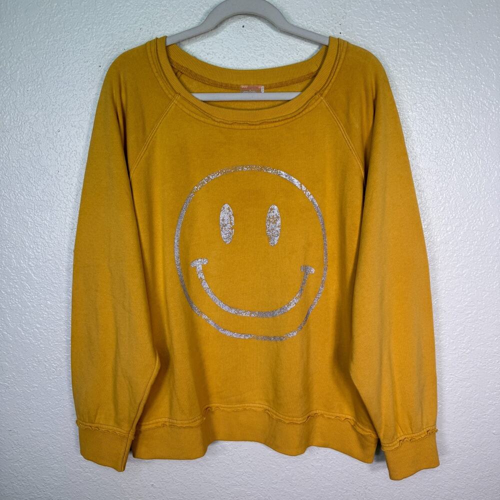 Free People Smiley Face Sweatshirt Womens Medium FP Movement Sweater Yellow Boho